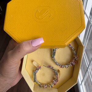 Silver Hoop Earrings with Multicolor Gemstone Accents - Women Jewelry